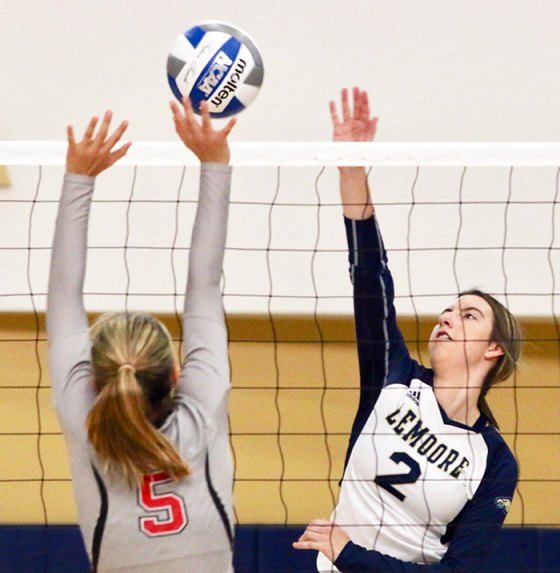 West Hills Lemoore's Cassidy Avila scores a point Wednesday night against Porterville. The Golden Eagles lost the match, but travel to Merced Friday and then host WHC Coalinga Sept. 19.